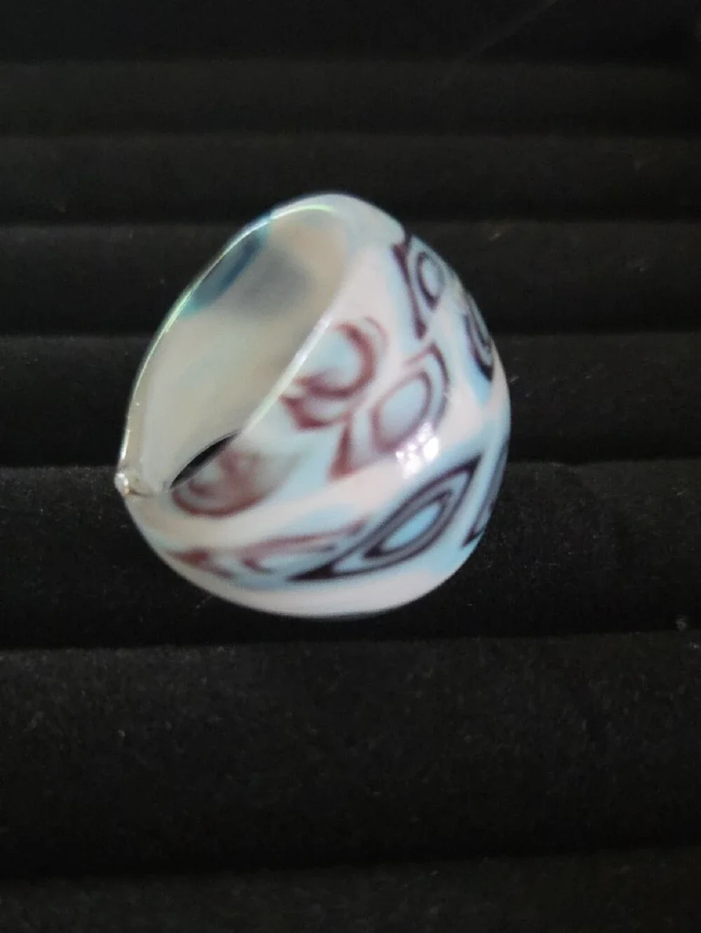 Glass Dome Statement Ring with Black, Blue Geometric Pattern Sz 7